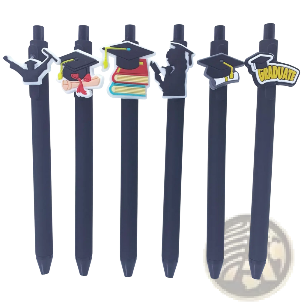 Black graduation pens bulk set with colorful cartoon caps and diploma designs ideal for party favors