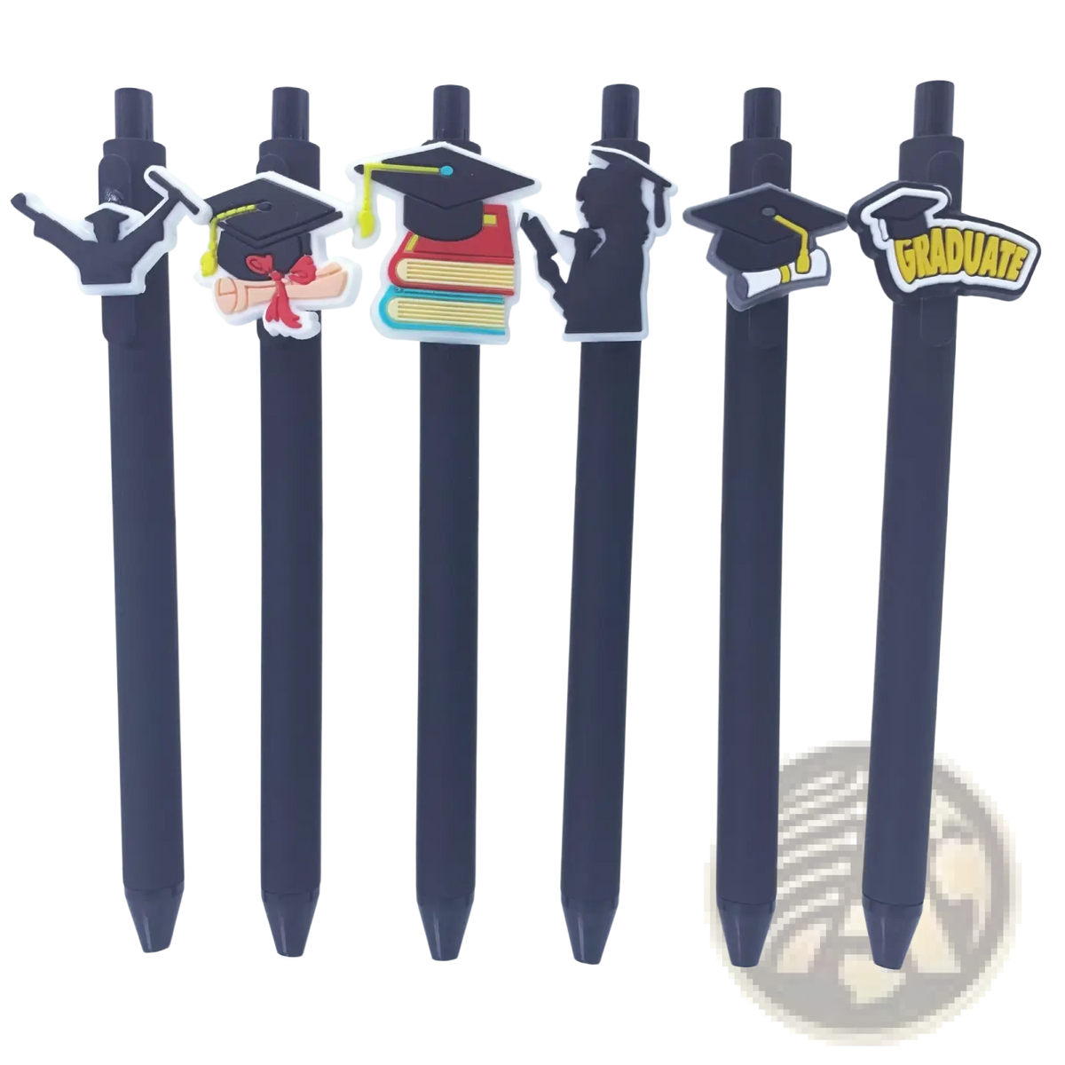 Black graduation pens bulk set with colorful cartoon caps and diploma designs ideal for party favors