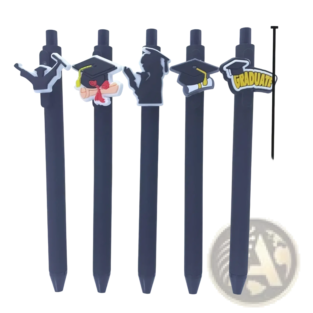Black graduation gel pens with colorful caps featuring graduate silhouettes mortarboards and graduate text for party favors