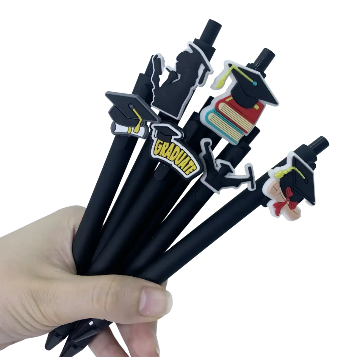 Black graduation pens bulk set with colorful silicone caps featuring mortarboards and books for party favors