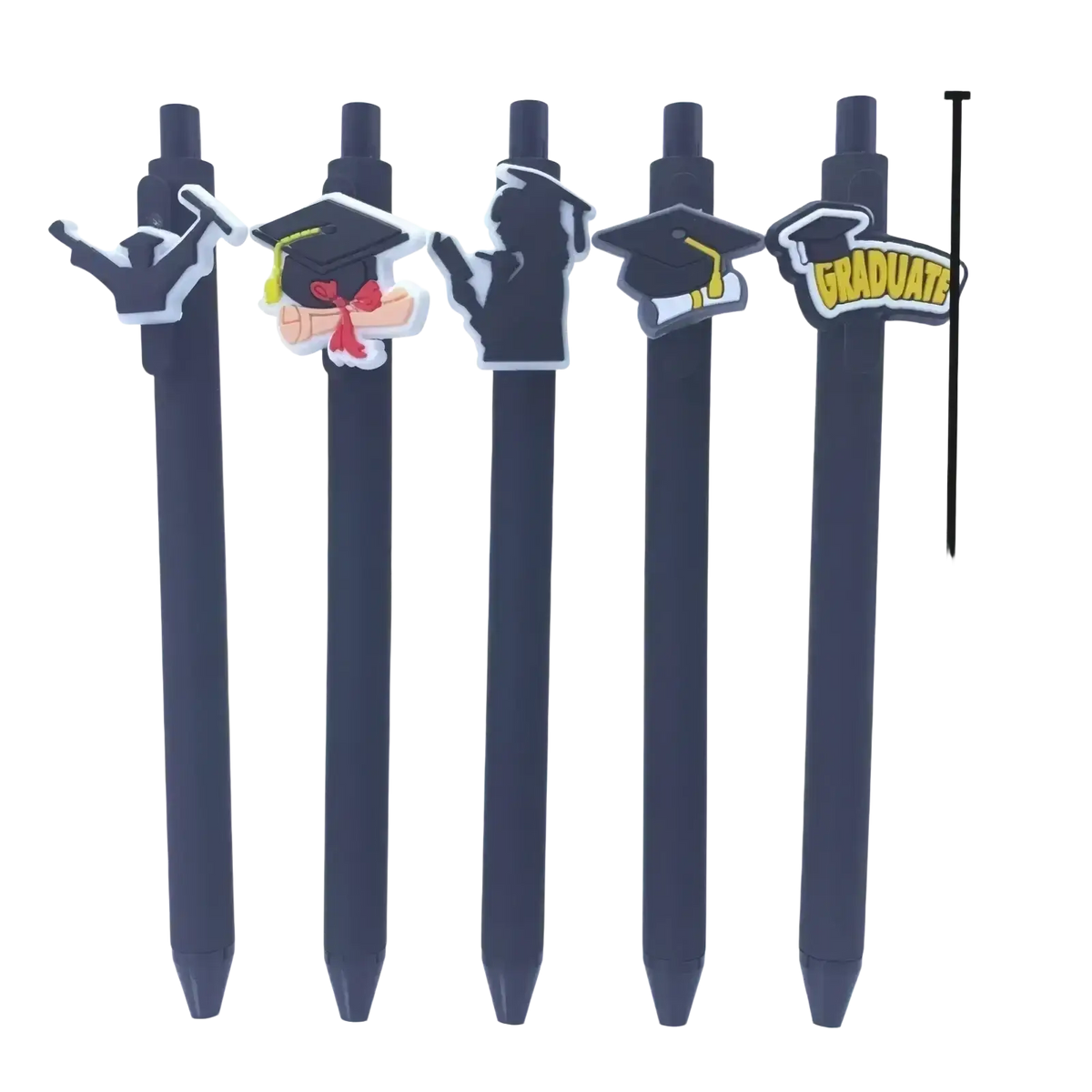 Five navy blue graduation pens bulk set with unique decorative caps featuring caps gowns and graduate for party favors