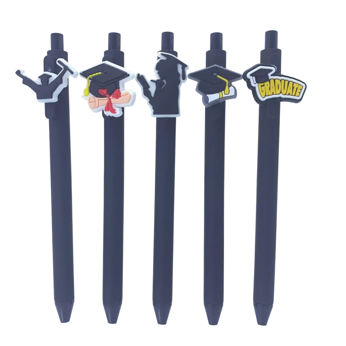 Five navy blue graduation pens with unique decorative clips in a bulk set ideal for party favors