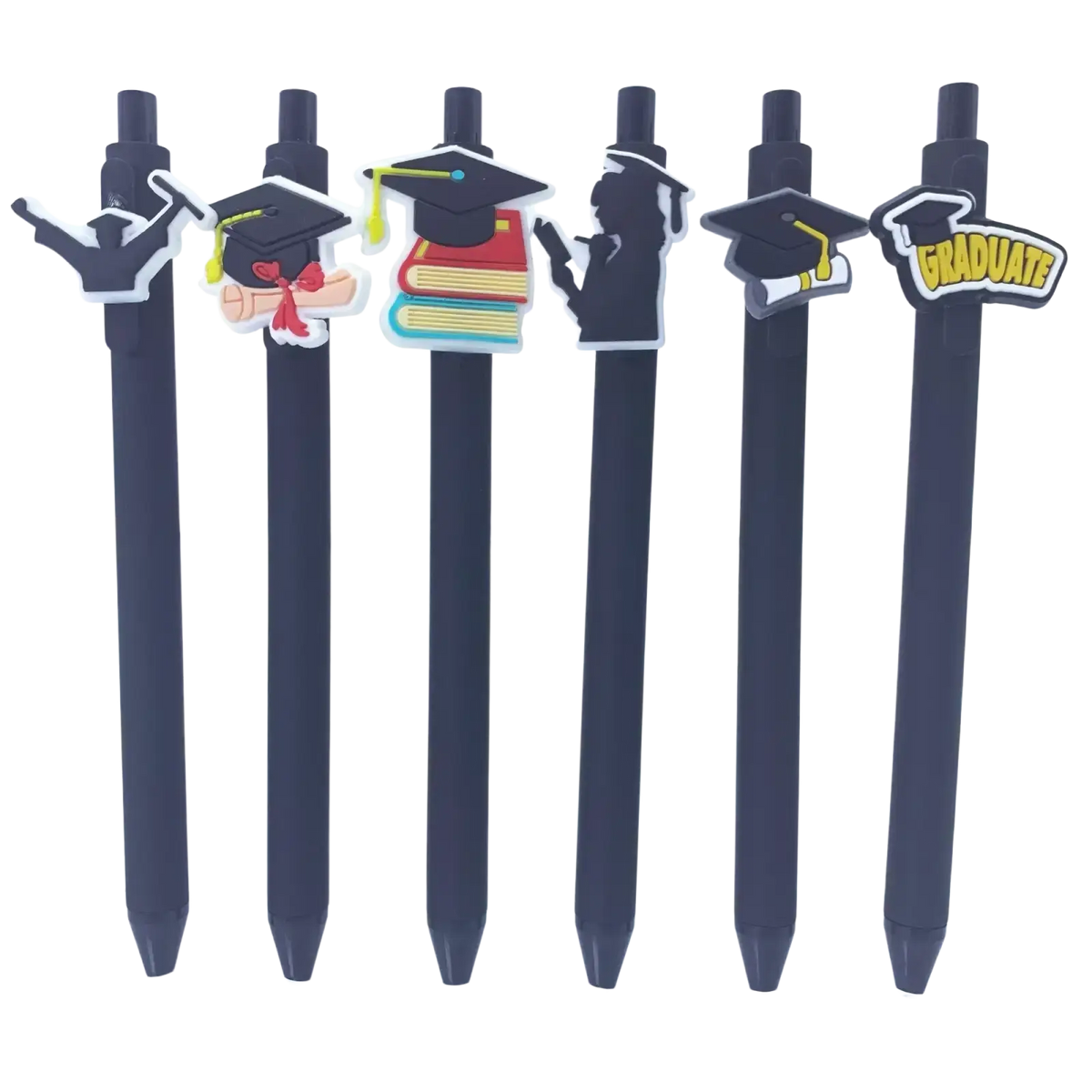 Six navy blue graduation pens bulk set with unique colorful graduation-themed charms for party favors