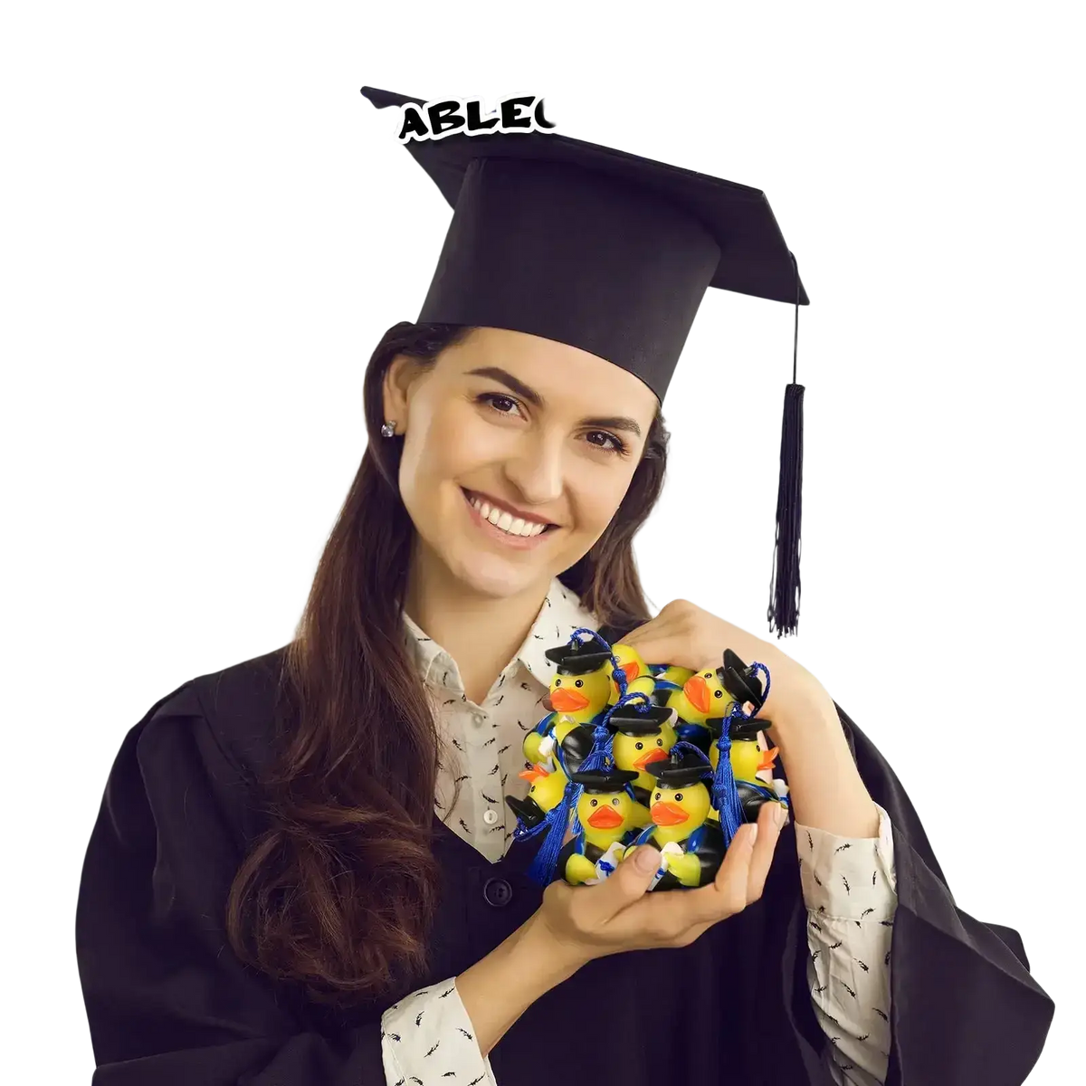 A cluster of yellow rubber ducks in miniature graduation caps with blue tassels perfect for bulk party favors
