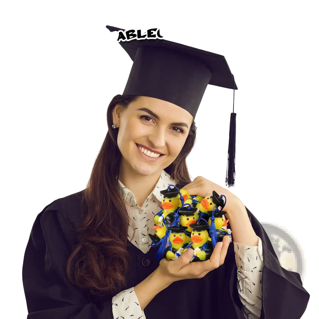 A cluster of yellow rubber ducks wearing miniature black graduation caps with blue tassels for party favors