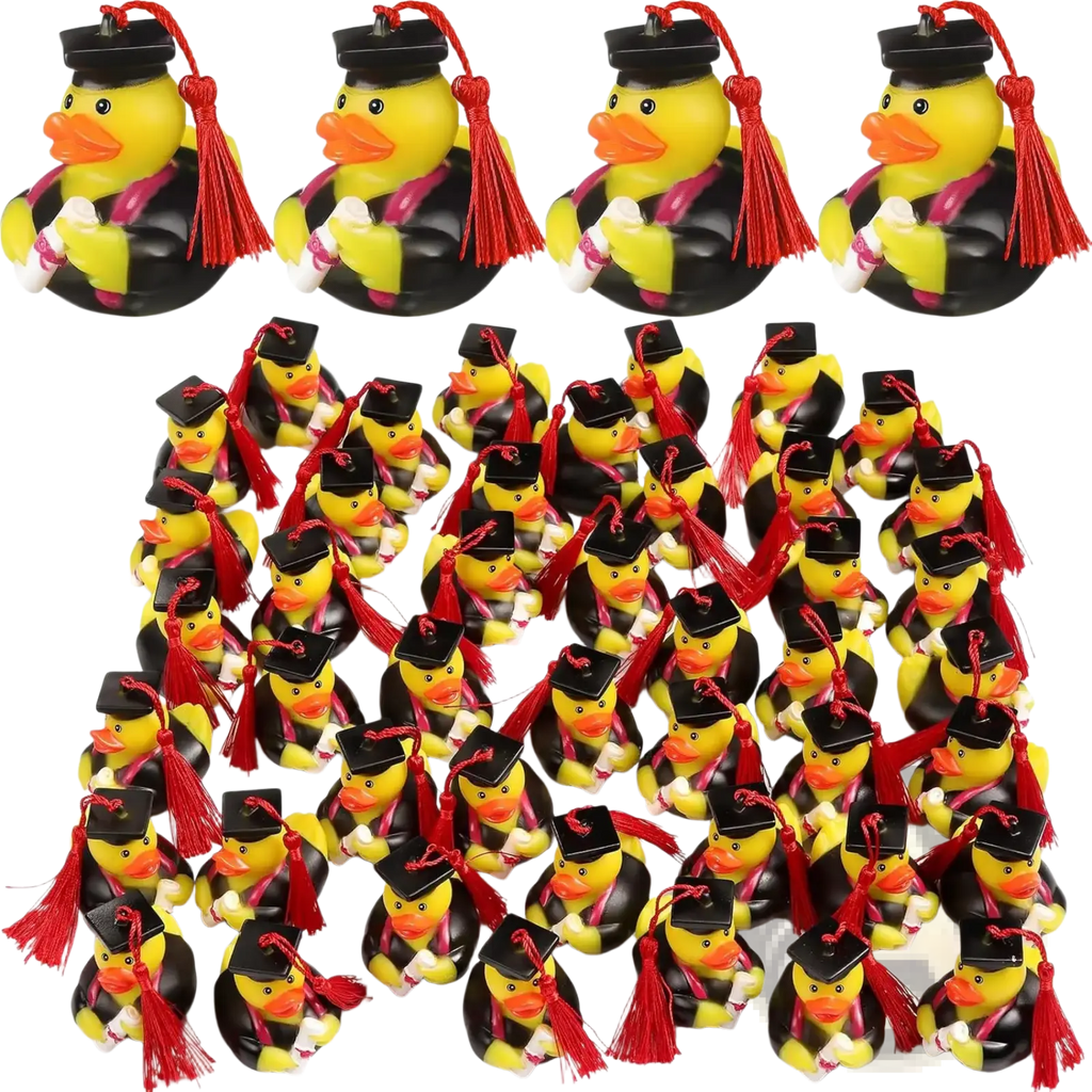 Graduation rubber duck bulk party favors featuring yellow rubber ducks in black caps and gowns with red tassels and diplomas