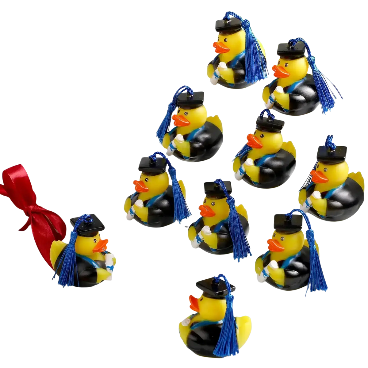 Graduation rubber duck bulk party favors featuring yellow rubber ducks in black gowns and caps with blue tassels