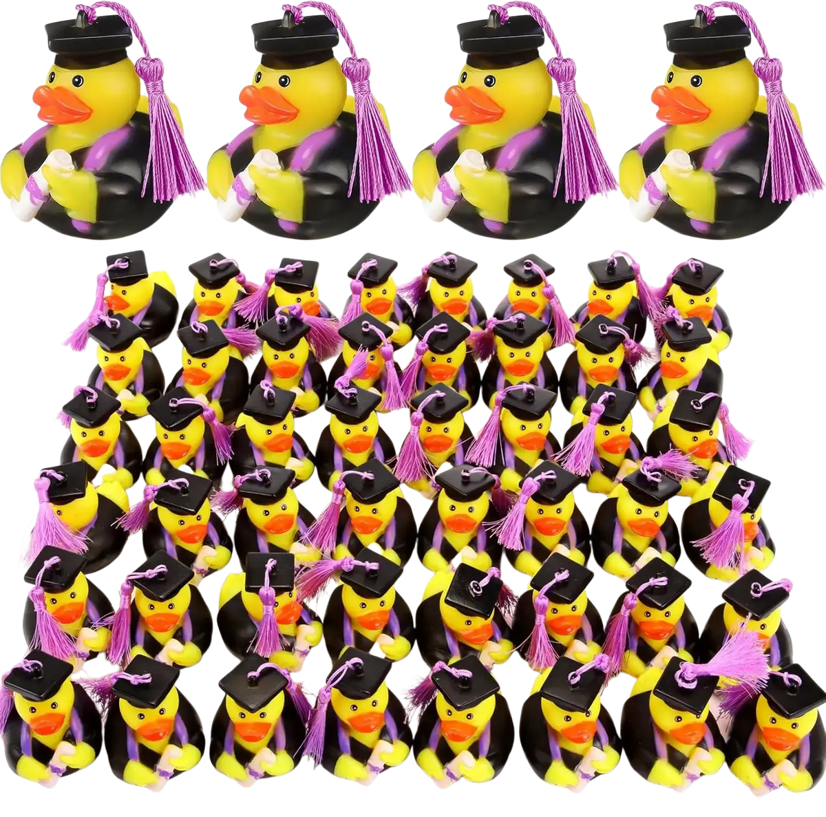 Yellow rubber duck graduation caps with black mortarboards and purple tassels for bulk party favors
