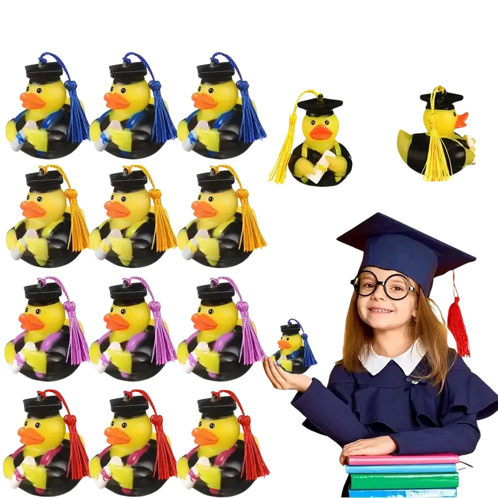 Yellow rubber duck graduation caps and gowns with colorful tassels bulk party favors for bulk party use