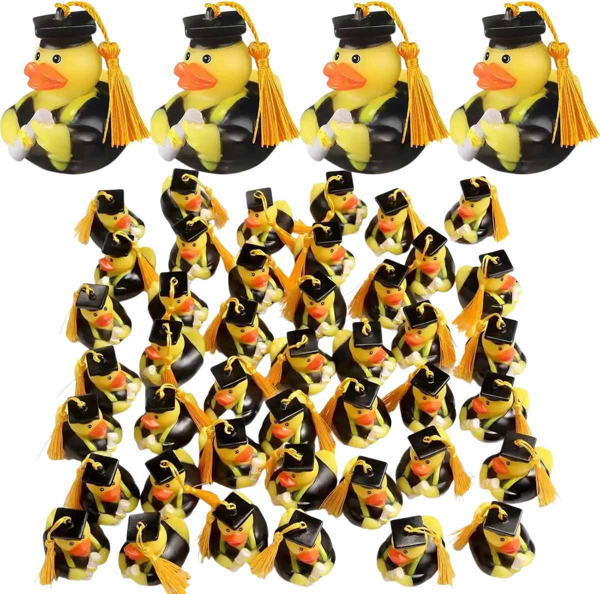 Yellow rubber duck graduation bulk party favors wearing black mortarboards gold tassels and white gloves in bulk party