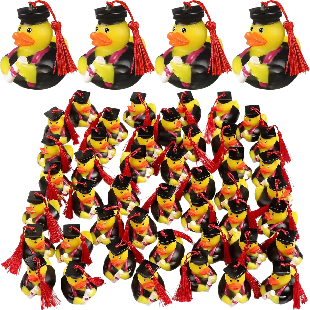 Graduation rubber duck bulk party favors featuring yellow rubber ducks in black caps and gowns with red tassels and diplomas