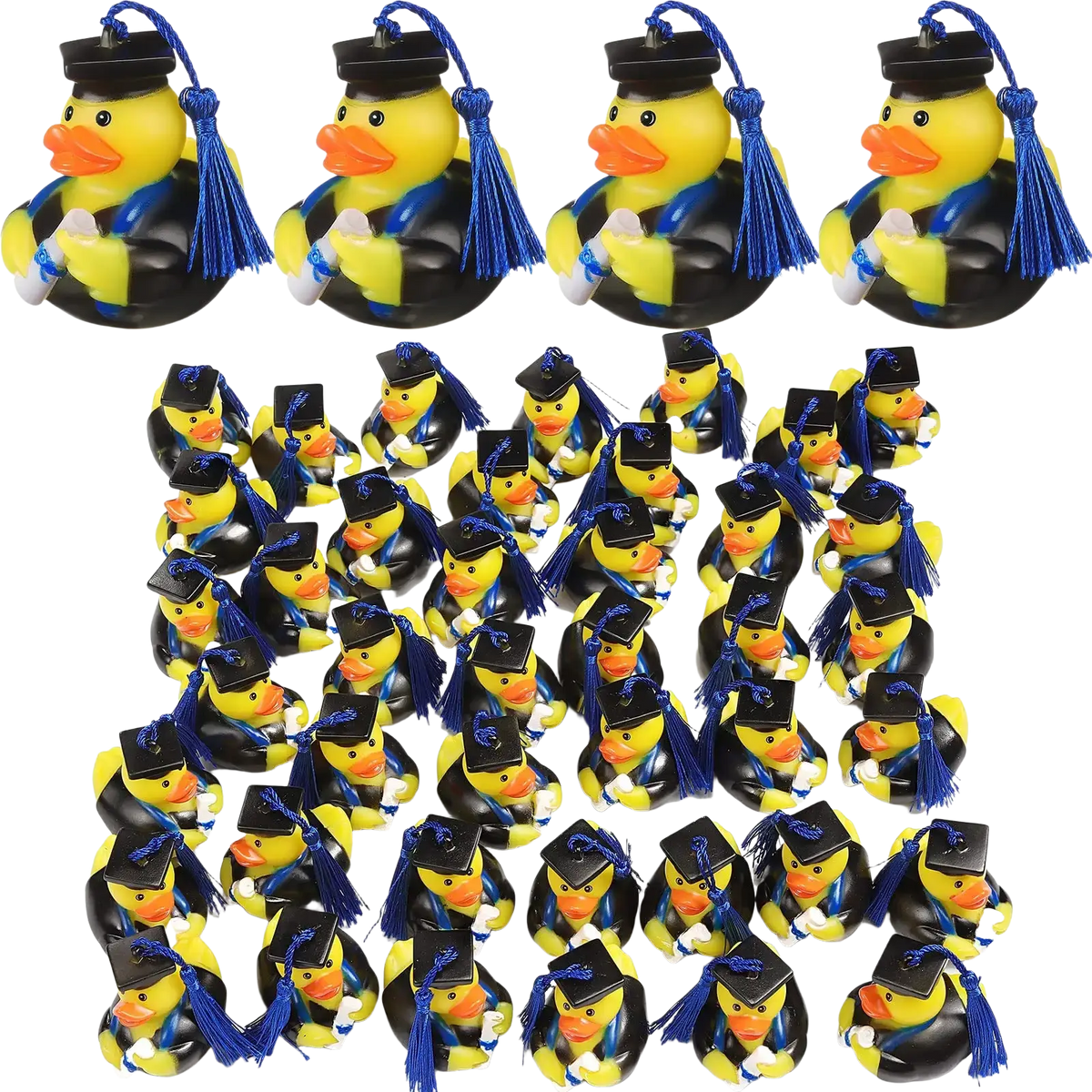 Yellow rubber duck graduation party favors with black caps and blue tassels for bulk graduation celebrations