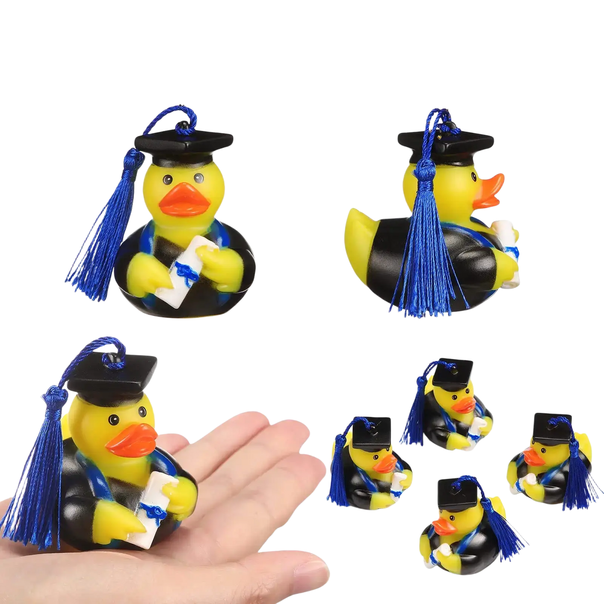 Yellow rubber graduation duck wearing a black cap with blue tassel holding a white diploma for party favors