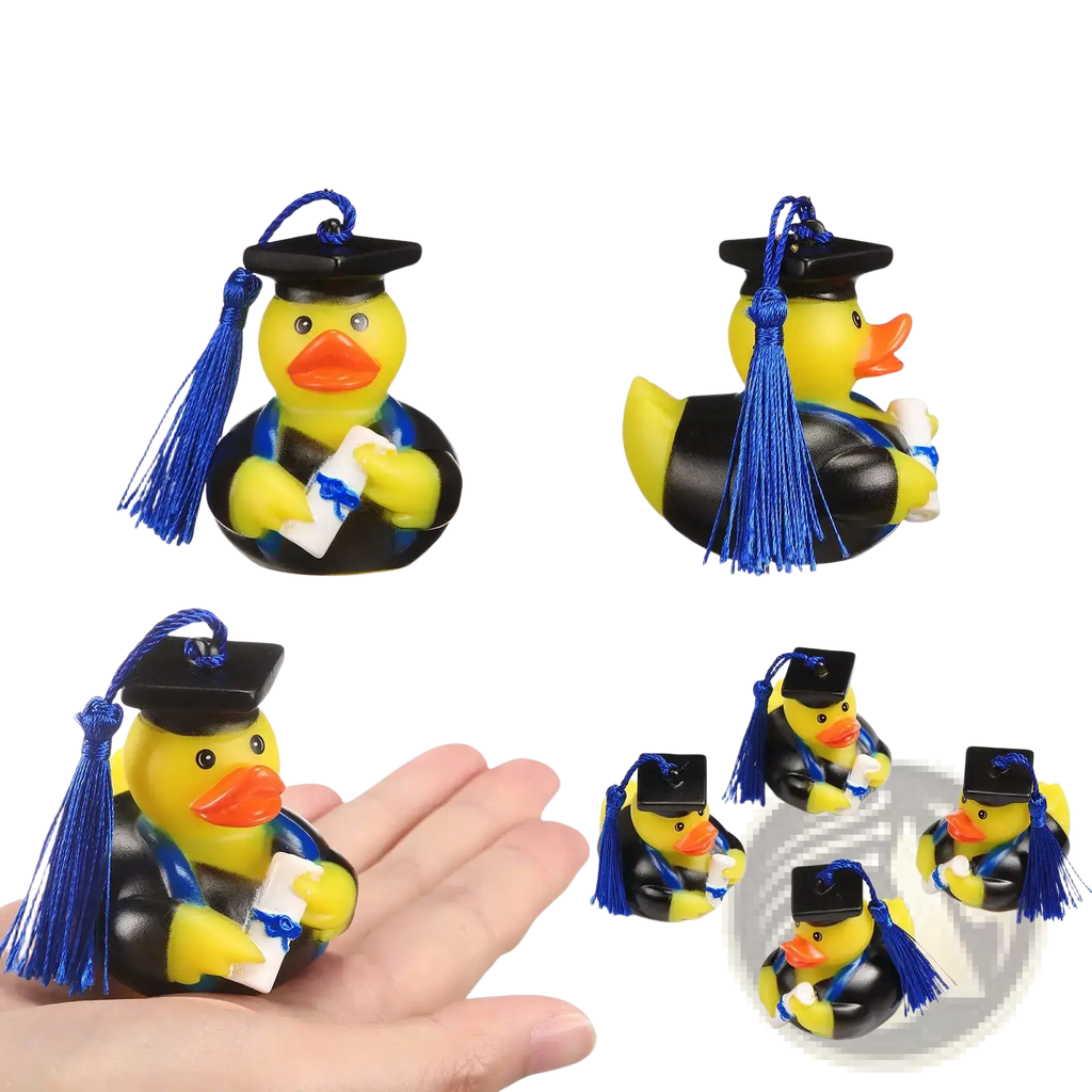 Yellow rubber graduation duck wearing a black cap with blue tassel holding a white diploma for party favors