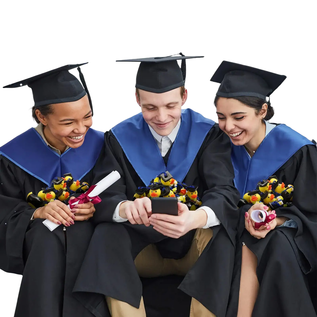 Graduates holding yellow and black rubber ducks in graduation gowns for graduation rubber duck bulk party favors