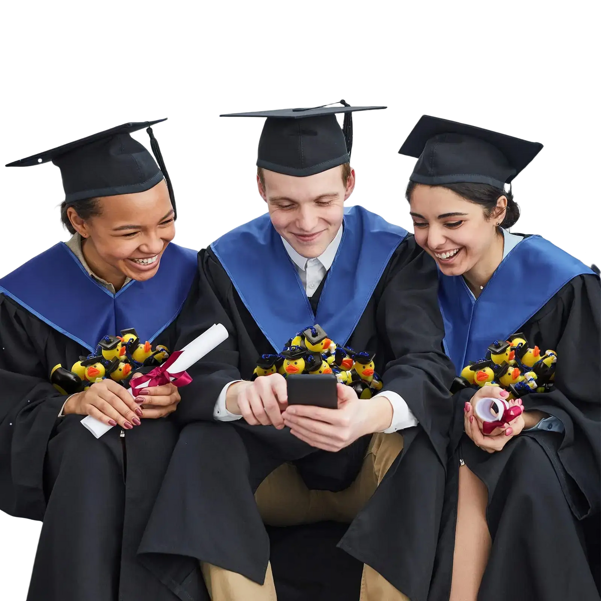 Graduates holding yellow and black rubber ducks in graduation gowns for graduation rubber duck bulk party favors