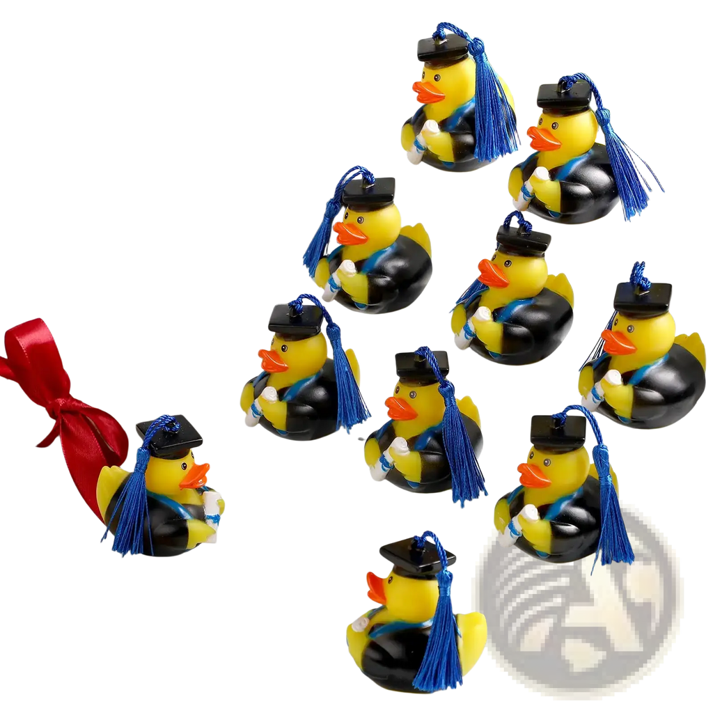 Yellow rubber duck graduation ornaments with black caps and blue tassels for bulk party favors