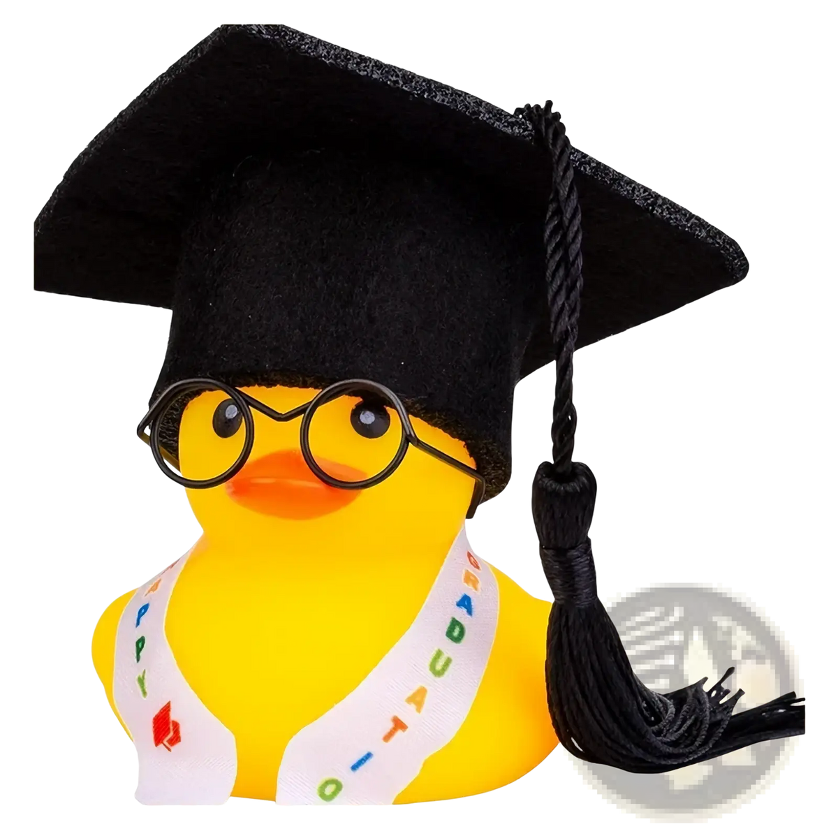 Yellow rubber graduation rubber duck wearing a black cap with tassel, round glasses, and a happy graduation sash