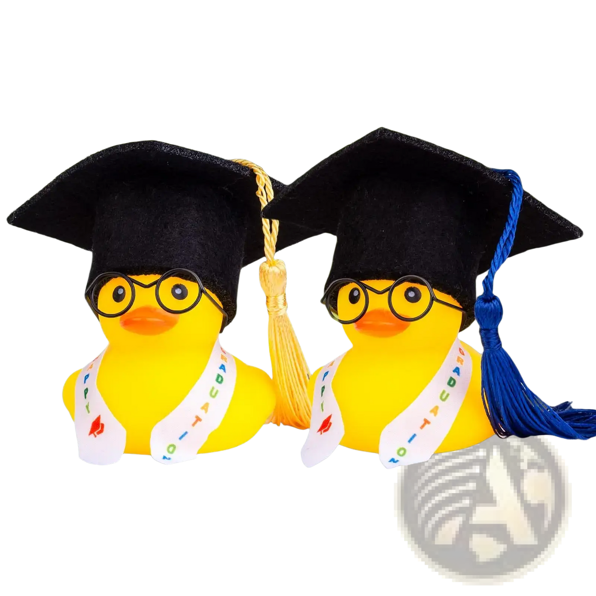 Graduation rubber duck in yellow wearing black mortarboard caps with tassels, round glasses, and happy graduation sashes