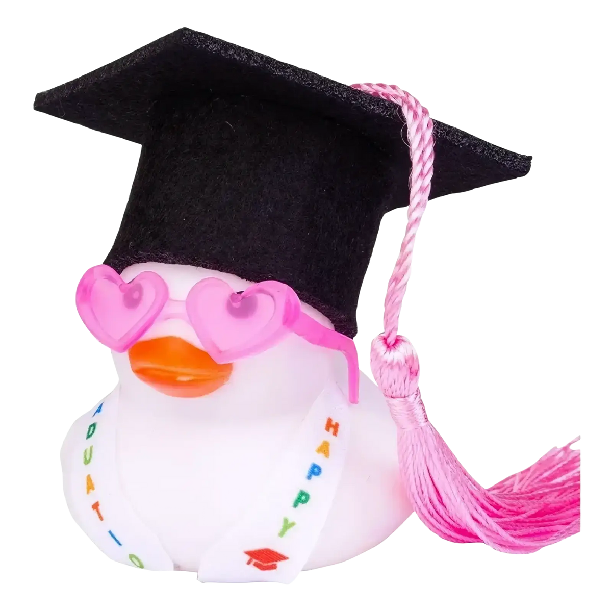 A white rubber graduation rubber duck wearing a black cap with pink tassel heart sunglasses and congratulations ribbon