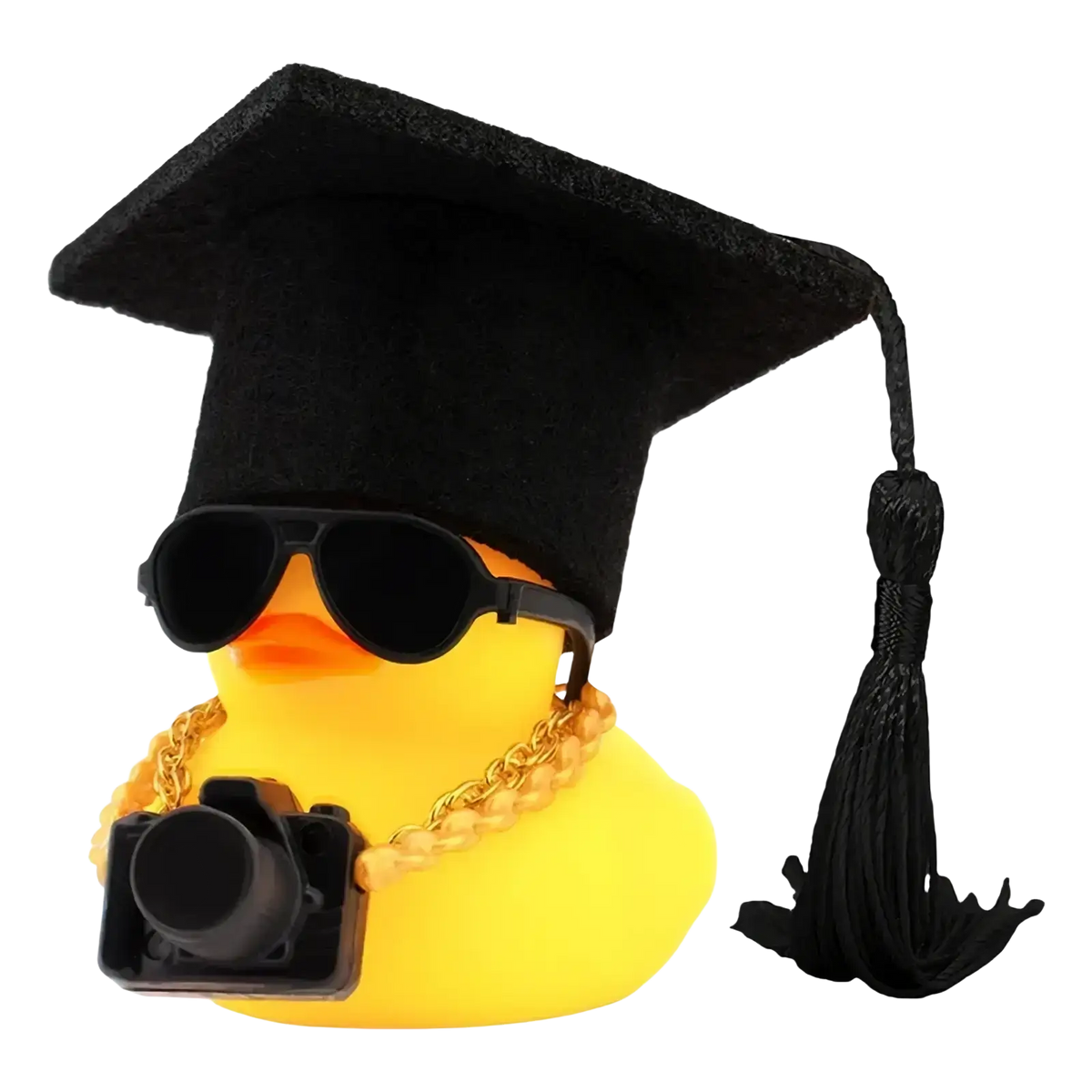 A yellow graduation rubber duck wearing a black cap with tassel, sunglasses, gold chain, and holding a miniature camera