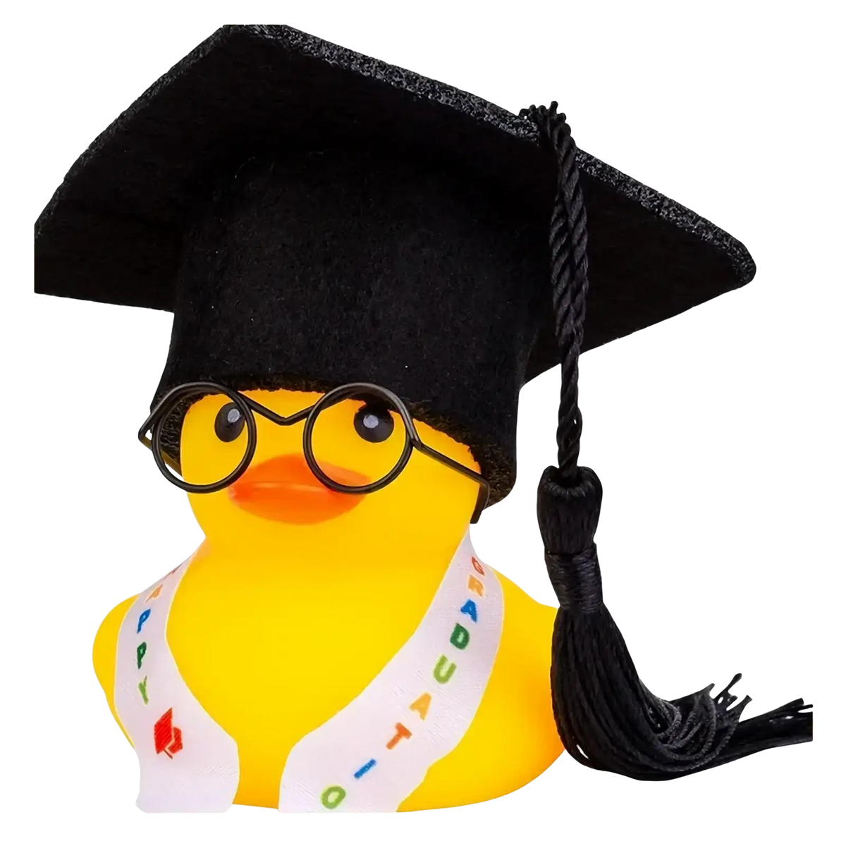 Yellow graduation rubber duck wearing a black cap with tassel, round glasses, and a white sash that reads happy graduation