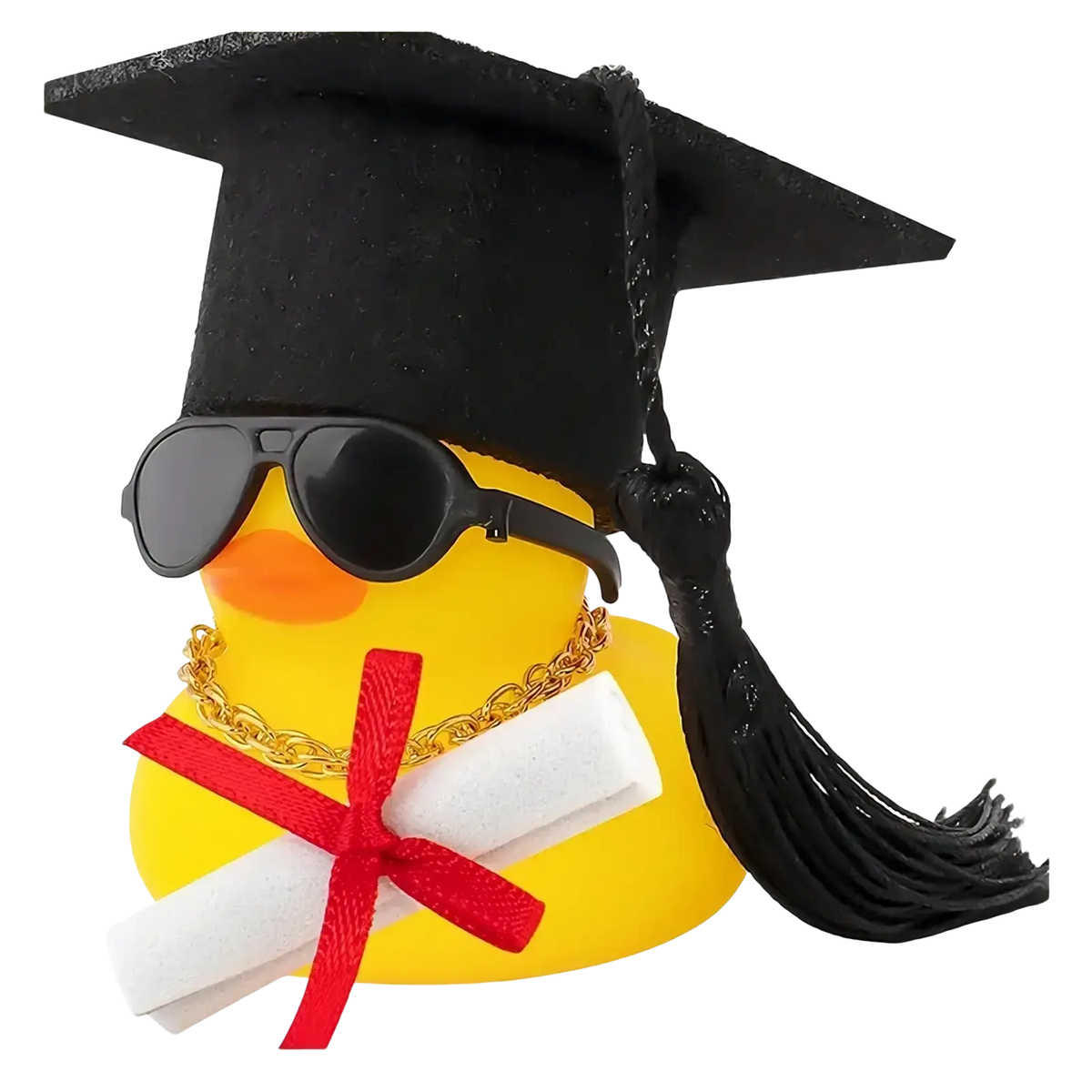 Yellow graduation rubber duck wearing black cap with tassel, sunglasses, gold chain, holding diploma with red ribbon