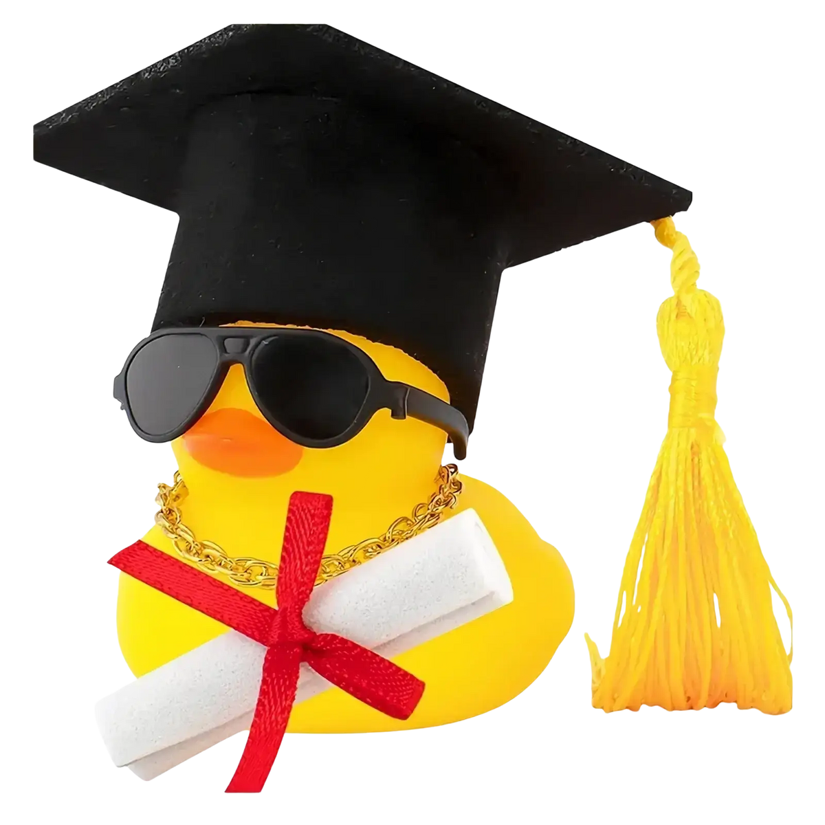 Graduation rubber duck wearing black cap with yellow tassel, sunglasses, gold chain, and holding a diploma rolled with red ribbon