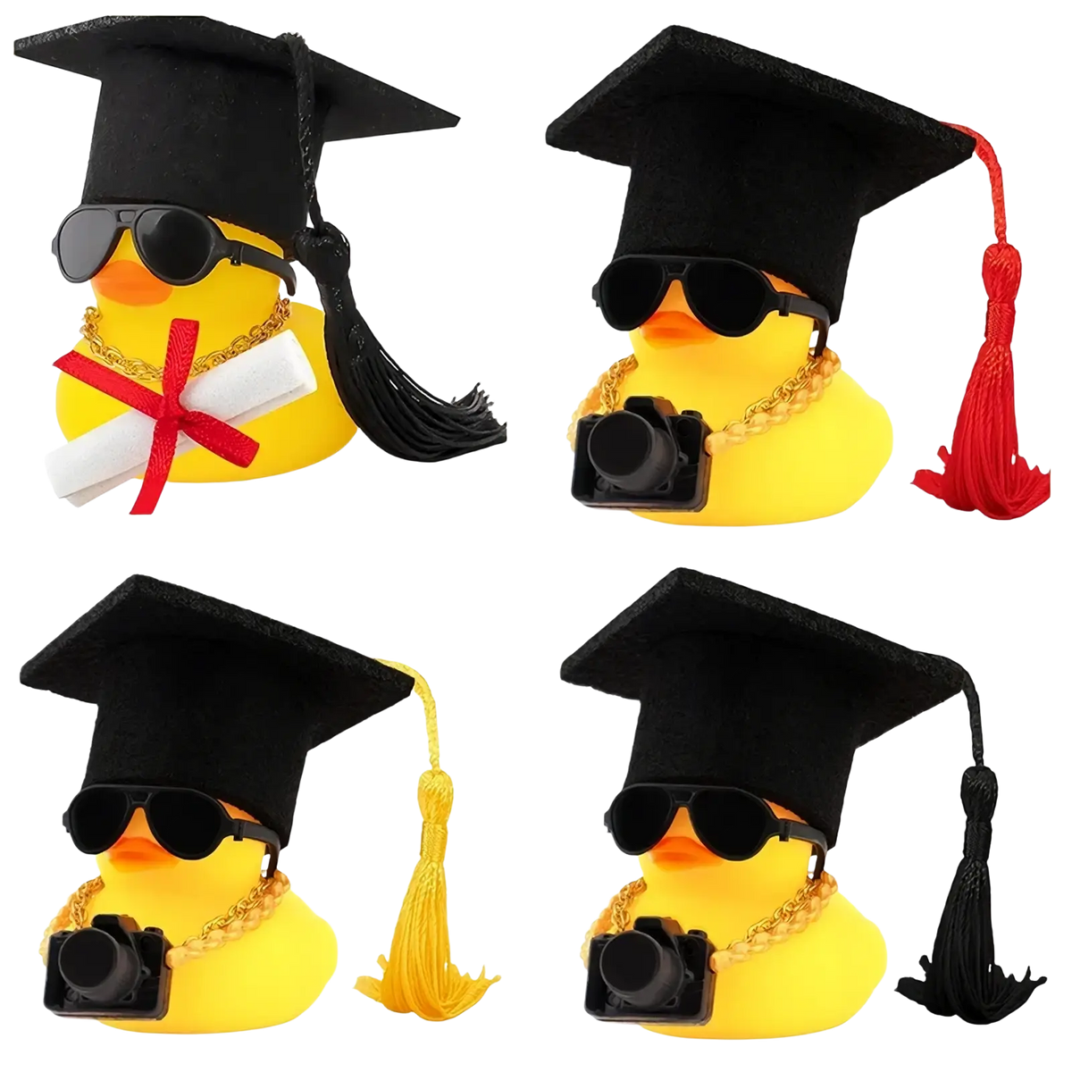 Yellow rubber graduation duck wearing a black cap with tassel, sunglasses, and gold chain necklace for celebration use