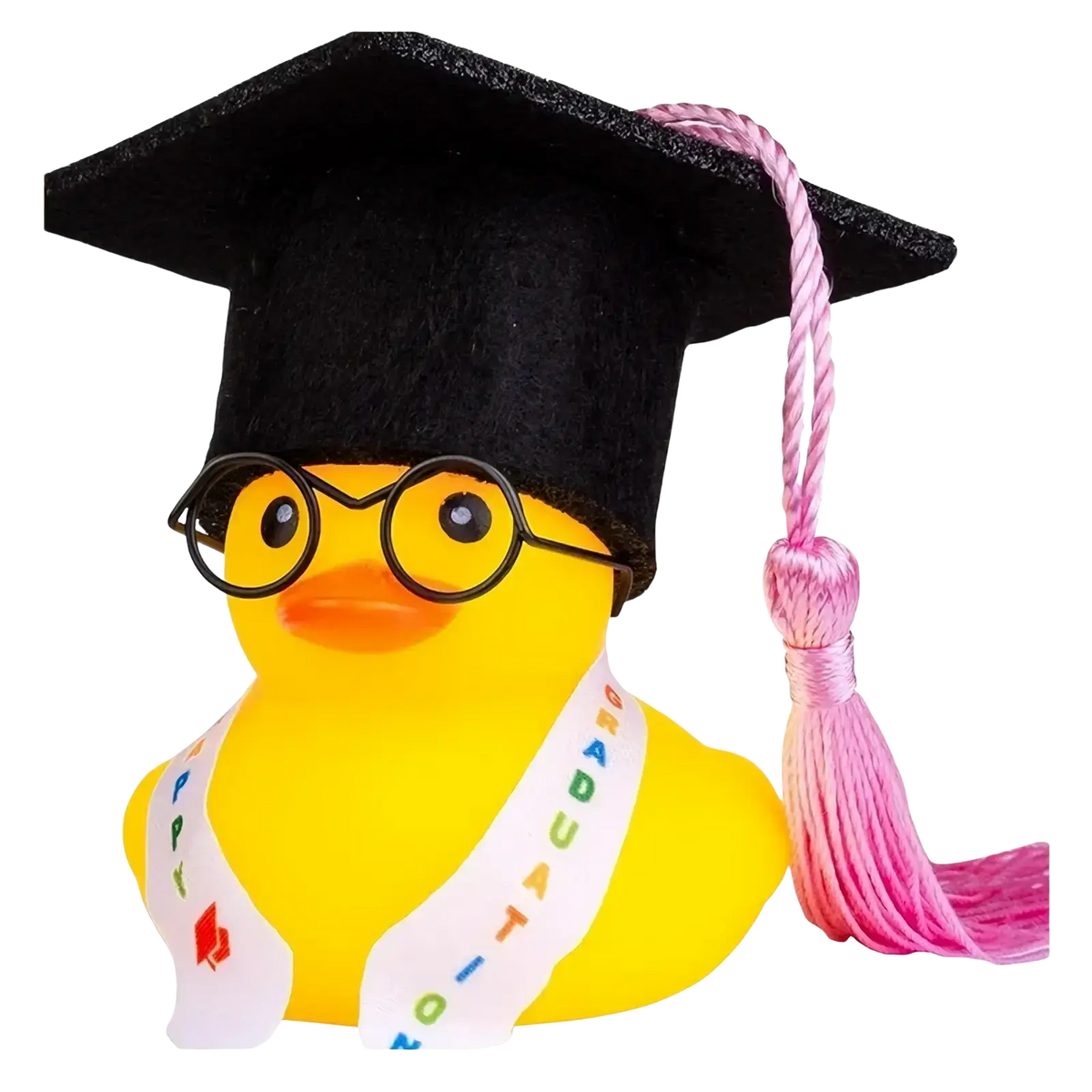 Yellow rubber graduation rubber duck wearing a black cap with pink tassel, round glasses, and graduate sash