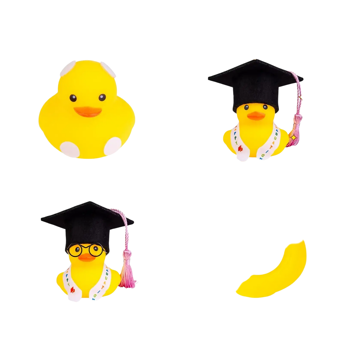 Yellow rubber graduation rubber duck wearing a black cap with pink tassel and white sash for celebration