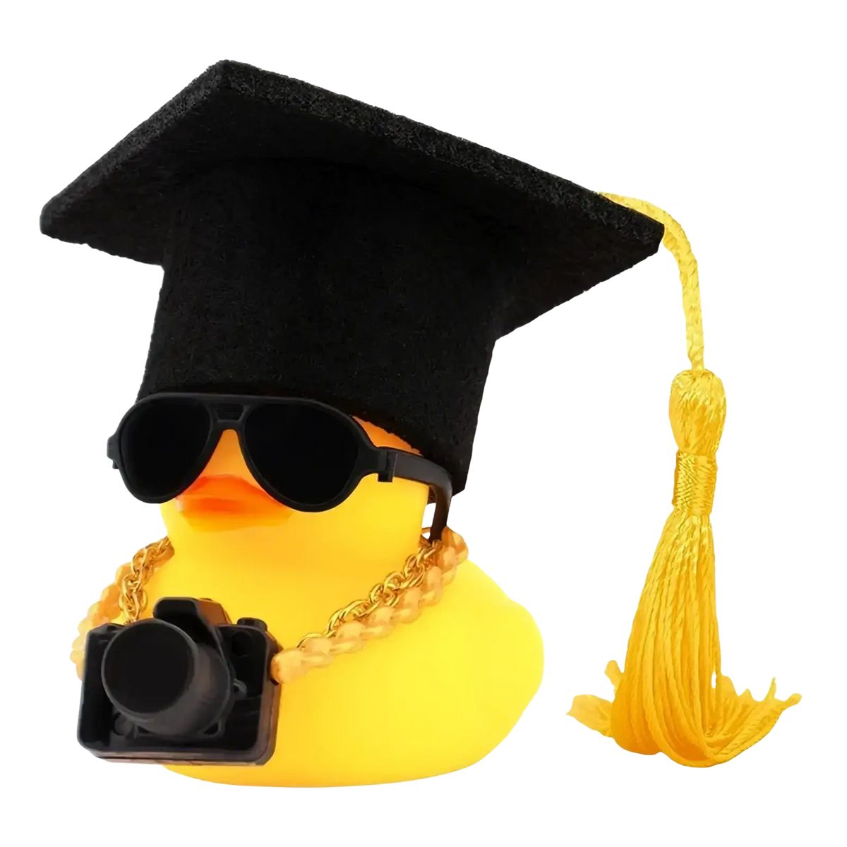 Yellow rubber graduation rubber duck wearing a black cap with gold tassel sunglasses and gold chain holding a camera
