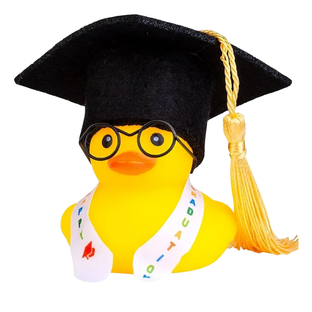 Yellow rubber graduation rubber duck wearing a black cap with gold tassel, glasses, and happy graduation sash
