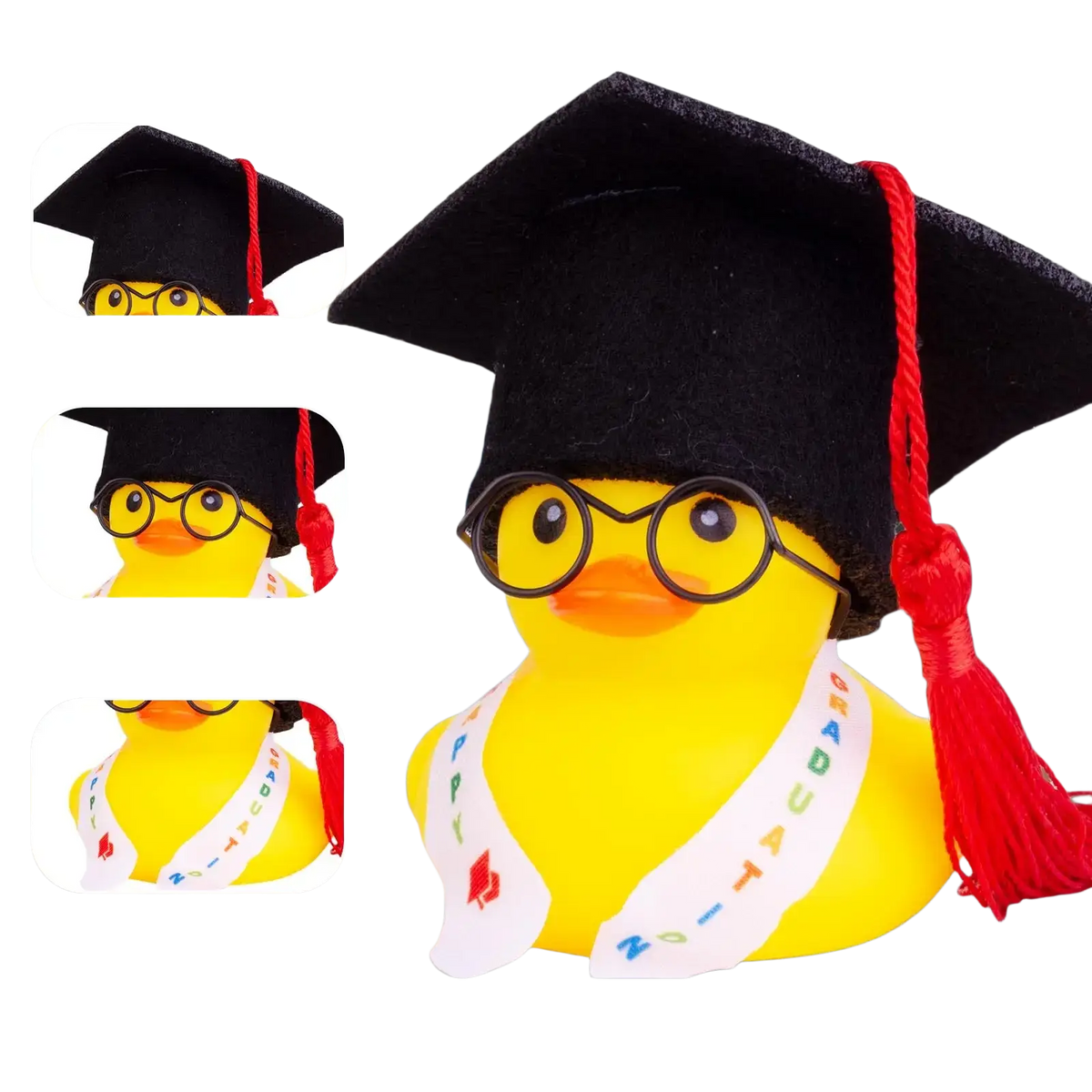 Yellow rubber graduation rubber duck wearing a black cap with red tassel round glasses and white sash with rainbow letters