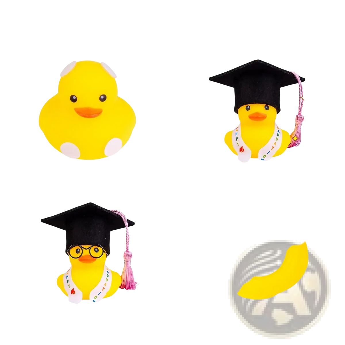 Yellow rubber graduation rubber duck wearing a black cap with pink tassel and white sash for celebration
