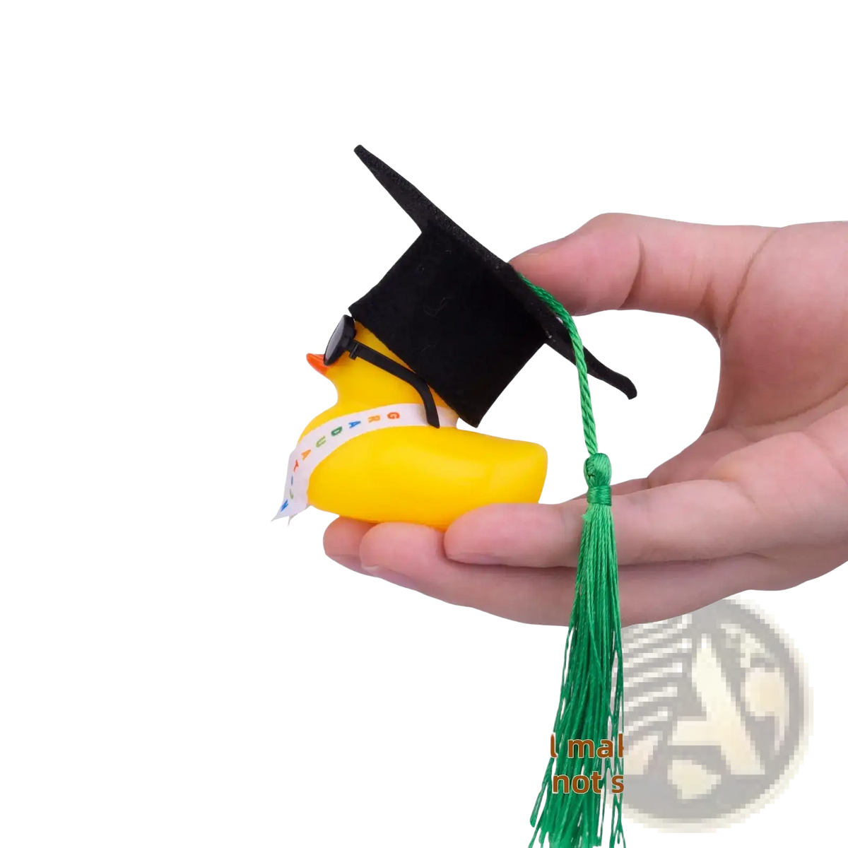 Yellow rubber graduation duck wearing a black cap with green tassel and sunglasses for celebration display