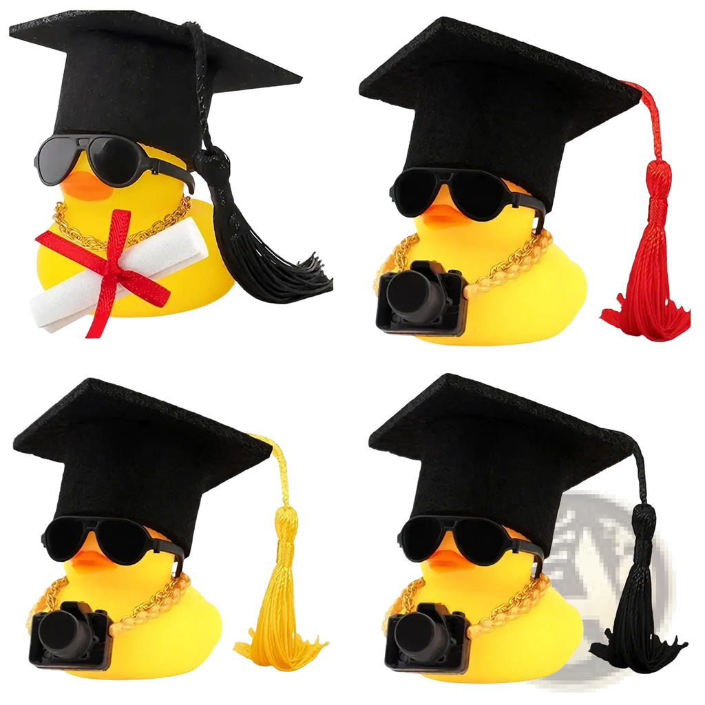 Yellow rubber graduation duck wearing a black cap with tassel, sunglasses, and gold chain necklace for celebration use