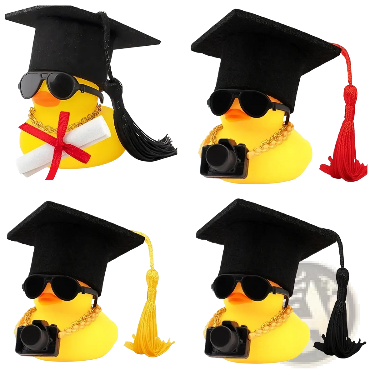 Yellow rubber graduation duck wearing a black cap with tassel, sunglasses, and gold chain necklace for celebration use