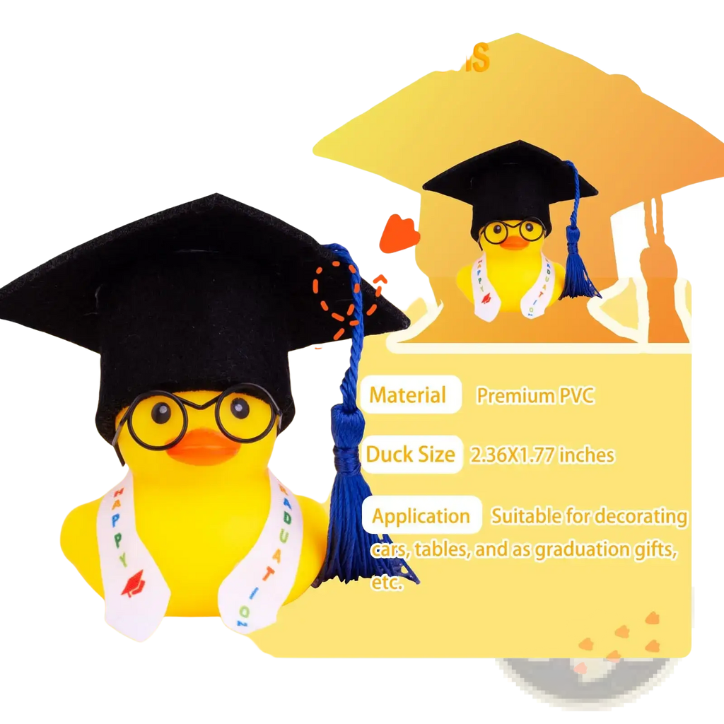 Yellow rubber graduation duck wearing a black cap with blue tassel, glasses, and a white happy graduation sash