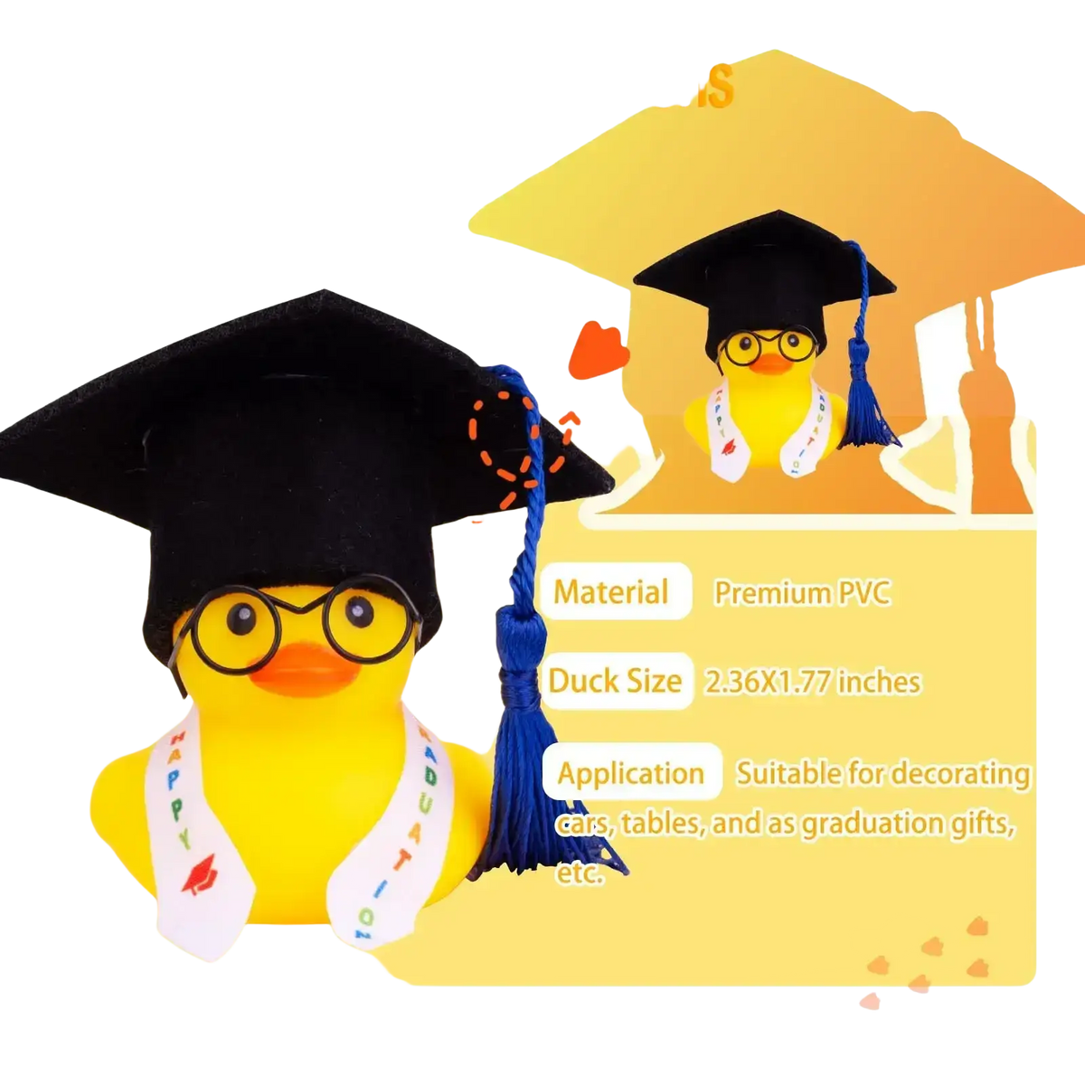 Yellow graduation rubber duck wearing a black mortarboard with blue tassel and glasses for celebration decor