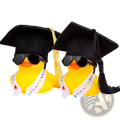 Graduation rubber duck car dashboard ornament featuring two yellow rubber ducks with caps sunglasses and congratulations sashes