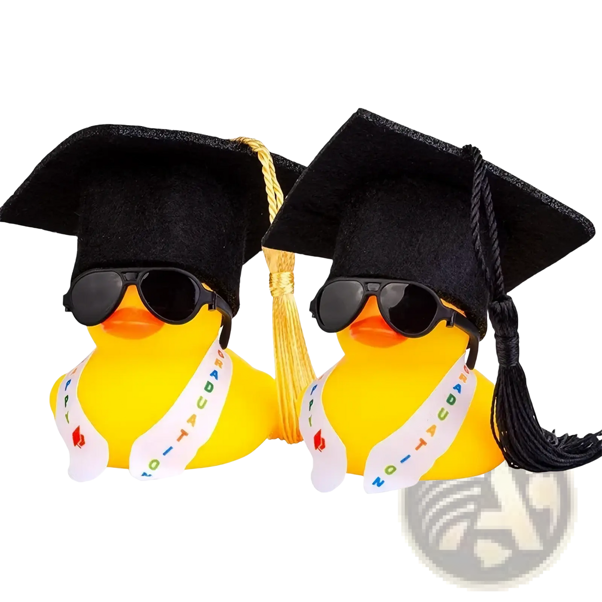 Graduation rubber duck car dashboard ornament featuring two yellow rubber ducks with caps sunglasses and congratulations sashes
