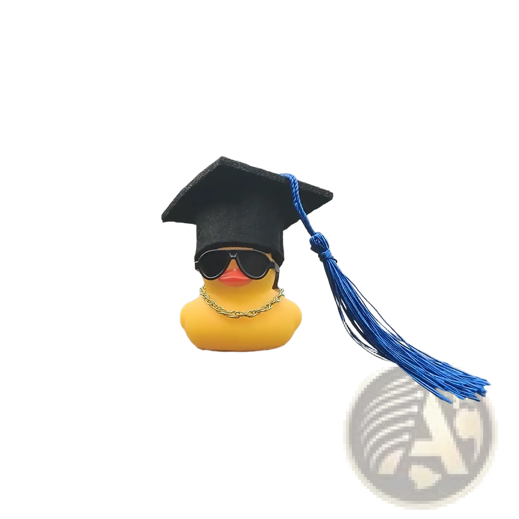 Graduation rubber duck car dashboard ornament in yellow wearing a black graduation cap blue tassel sunglasses and gold chain