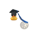 Graduation rubber duck car dashboard ornament in yellow wearing a black graduation cap blue tassel sunglasses and gold chain