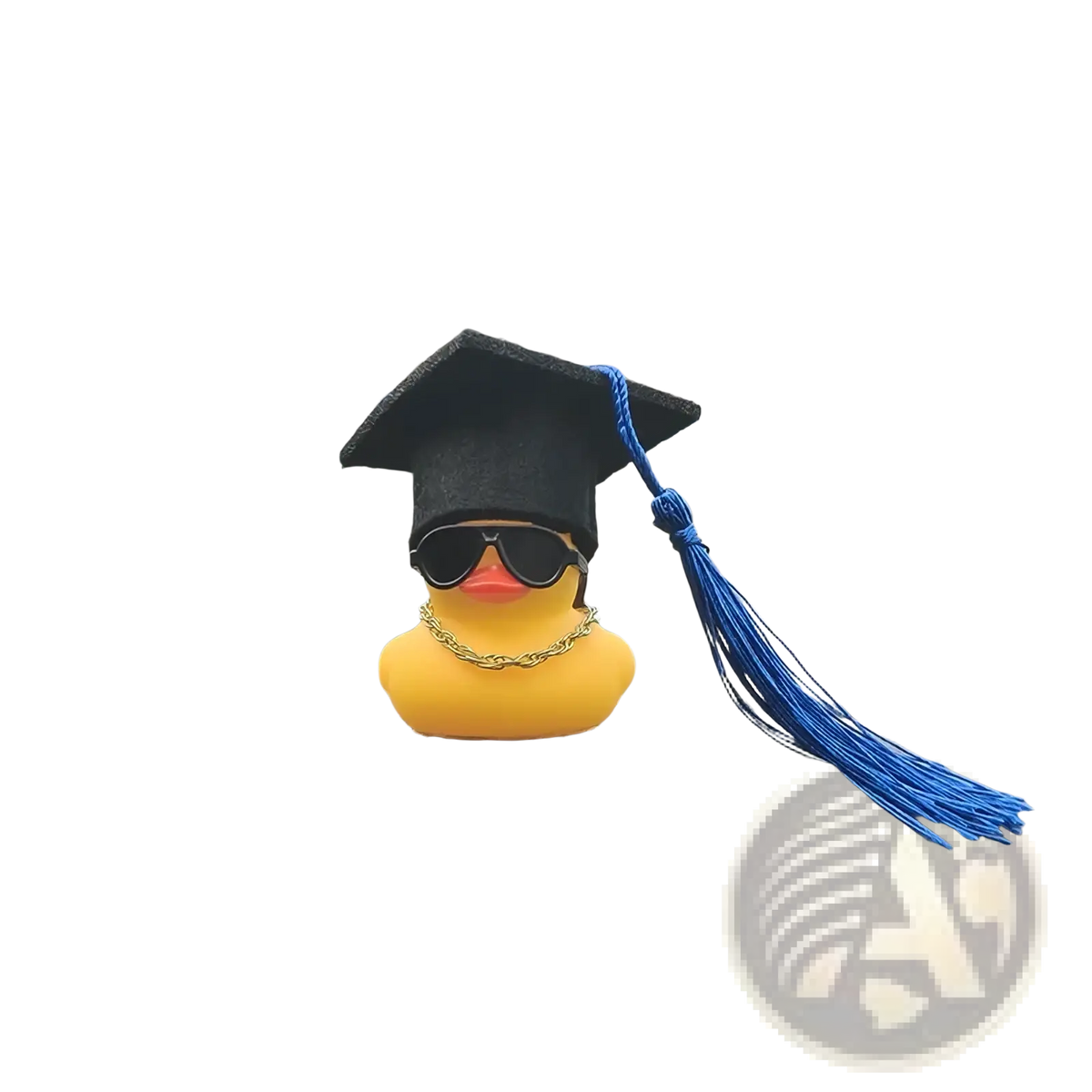 Graduation rubber duck car dashboard ornament in yellow wearing a black graduation cap blue tassel sunglasses and gold chain