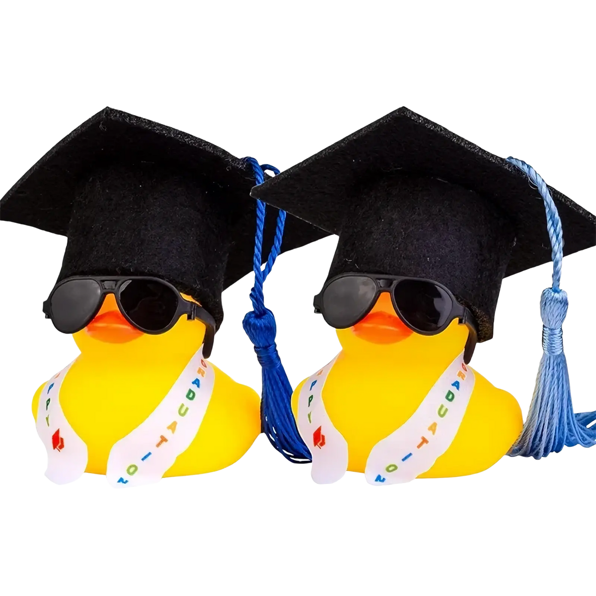 Graduation rubber duck car dashboard ornament featuring two yellow ducks with black caps blue tassels and 2014 sashes