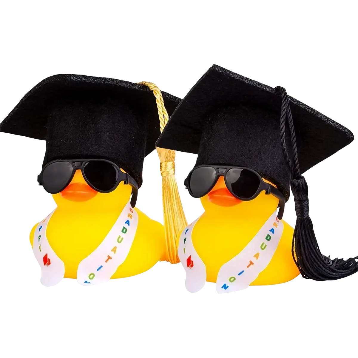 Graduation rubber duck car dashboard ornament featuring two yellow rubber ducks with caps sunglasses and congratulations sashes