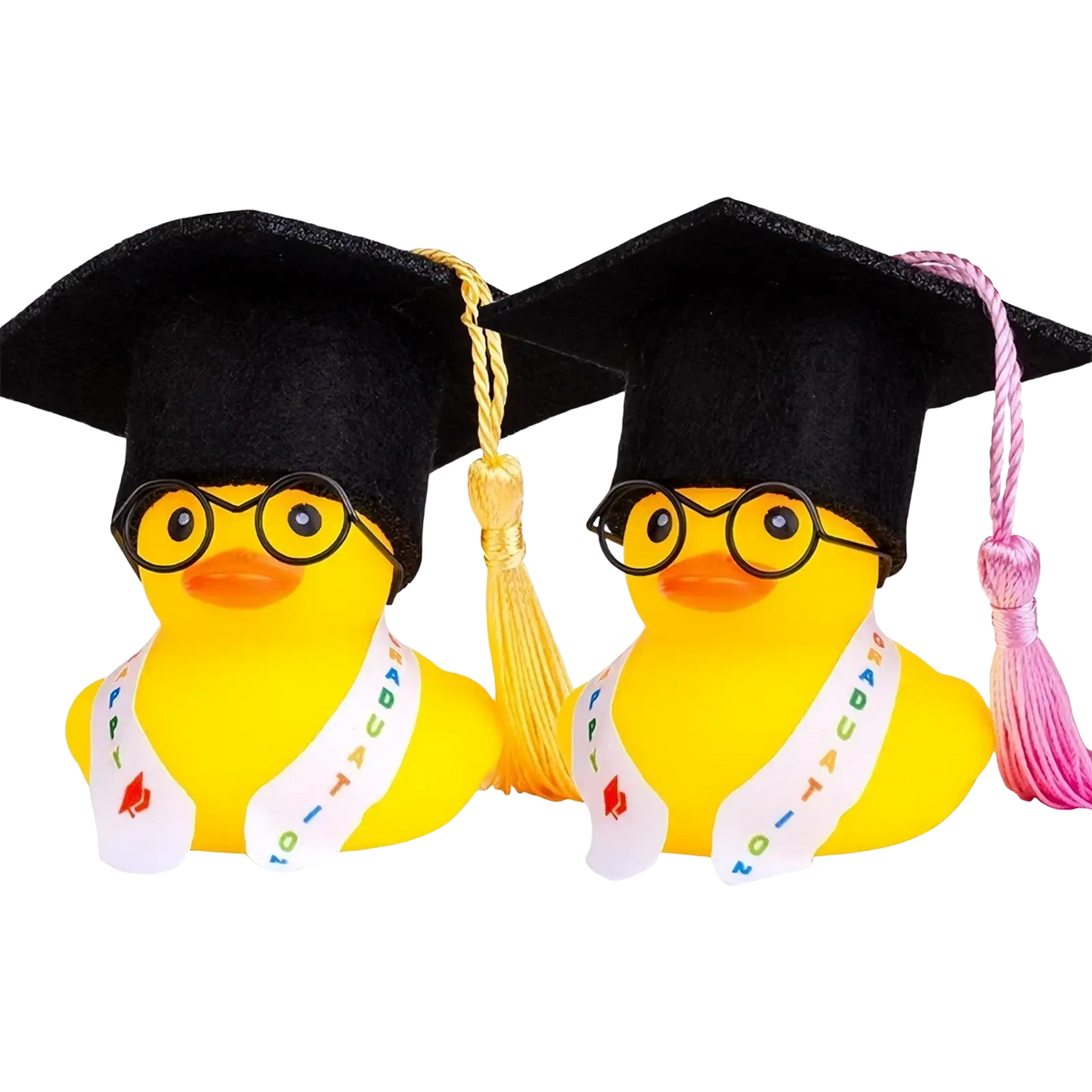 Two yellow rubber duck graduation car dashboard ornaments with black caps glasses and colorful congratulations sashes