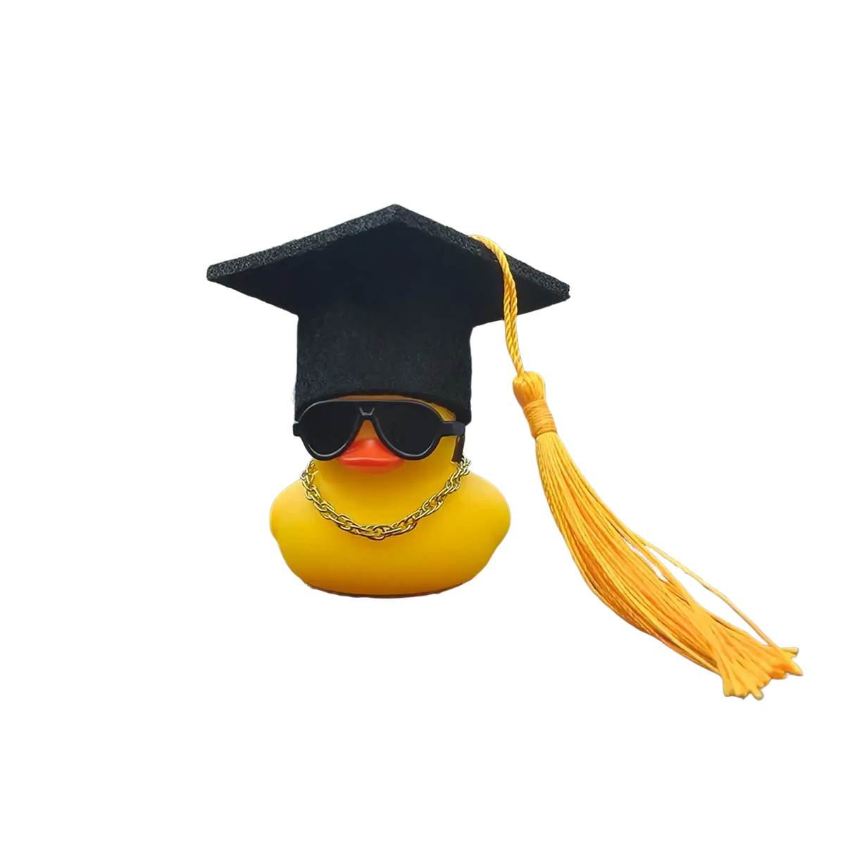 Yellow rubber duck graduation car dashboard ornament with black cap gold tassel sunglasses and gold chain necklace