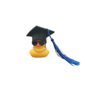 Graduation rubber duck car dashboard ornament in yellow wearing a black graduation cap blue tassel sunglasses and gold chain